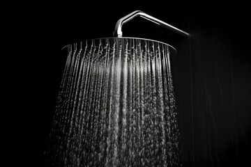 Monochrome image of water flowing from a bathroom shower head