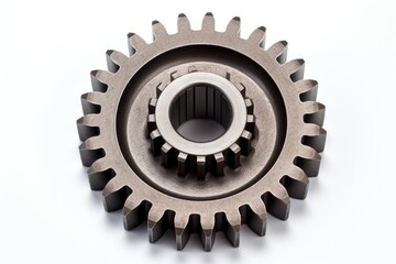 Motorcycle gear reduction ratio isolated on white background with old metal gear wheel or pinion part