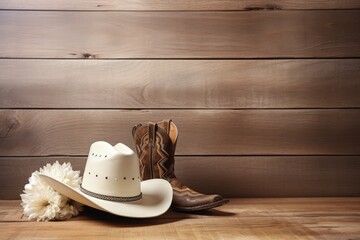 Boots and hat on wooden background with text space - obrazy, fototapety, plakaty
