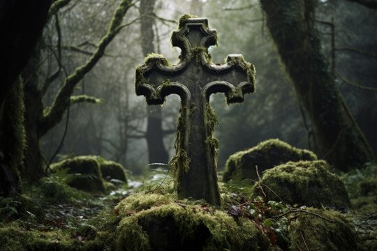 Mossy cemetery with weathered stone cross