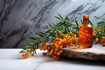 Natural cosmetic made from sea buckthorn oil with its berries and leaves on a stone podium