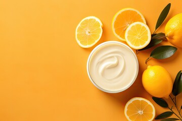 Natural face mask ingredients for glowing and healthy skin Top view of yogurt lemon and honey on orange background Beauty skincare concept Flat lay Copy space - obrazy, fototapety, plakaty
