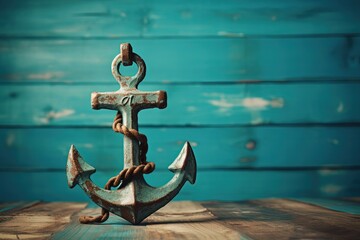 Nautical anchor on aqua background resting on wooden table