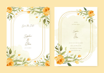 Yellow rose beautiful wedding invitation card template set with flowers and floral. Wedding invitation floral watercolor card background