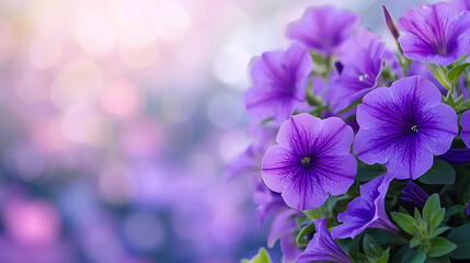 Purple Petunia Haven: Flowers Bed on Beautiful Blurred Nature Background - A Stunning Tapestry of Purple Petunias with Ample Copy Space. Embrace the Beauty of Blooms - obrazy, fototapety, plakaty