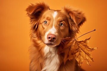 Nova scotia duck tolling retriever dog holding a leaf in its mouth on an orange background