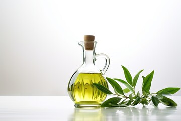 Olive oil in a decanter with a green leaf on a white background against the window