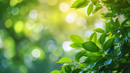 Fototapeta na wymiar Nature's Symphony: Green Leaves on Bokeh Nature Background - A Harmonious Blend of Foliage and Soft Bokeh Lights, Capturing the Essence of Natural Beauty.