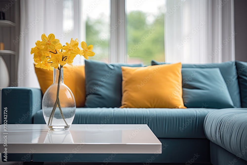 Poster bright living room with sofa and table foreground against blurred background