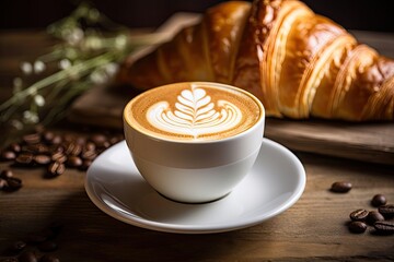 Perfect morning breakfast with cappuccino latte art croissant and a rustic style all on a wooden table