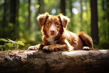 Photo of a red Nova Scotia Duck Tolling Retriever in nature sitting on a log in the forest