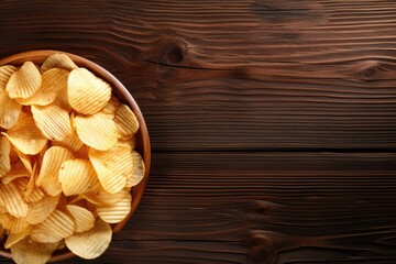 Potato chips arranged on wood scattered on table