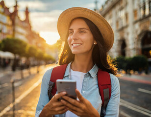 Digital nomad woman traveling with backpack and sun hat in the city during sunset with smartphone in hands
