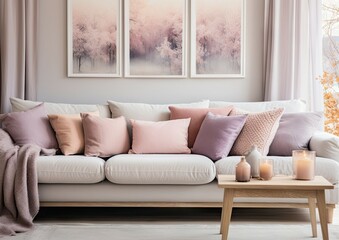 Real photo of cozy living room with pastel pillows on sofa