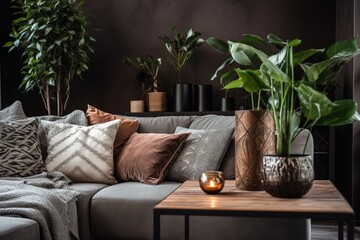 Real photo of patterned cushions next to wooden table and plant in dark apartment