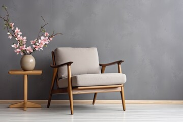Real photograph of a grey armchair and wooden table with flowers in a flat interior offering copy space on the wall