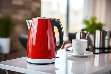 Red electric kettle with a white cup in the kitchen at home - obrazy, fototapety, plakaty