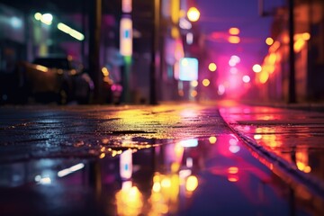 Abstract night background with blurred bokeh light and multi colored neon reflections in puddles on a dark city street