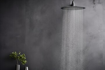 Showerhead against gray microcement wall Space for text - obrazy, fototapety, plakaty