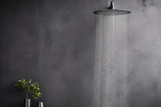 Showerhead against gray microcement wall Space for text