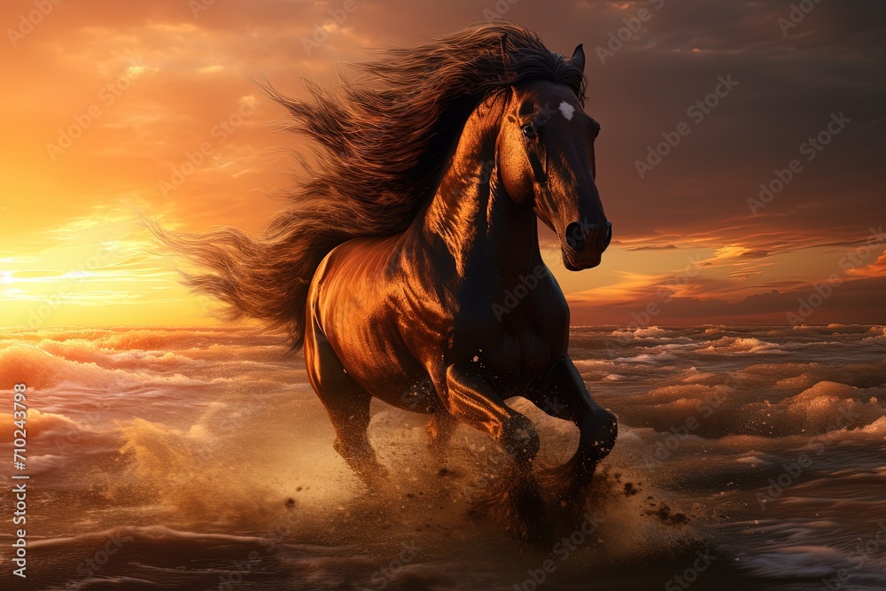 Wall mural sunset time sand running horse with flowing mane