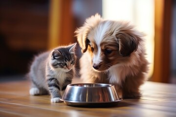 Small gray kitten and puppy eating inside together