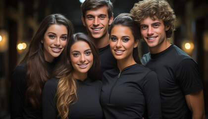 Obraz premium Smiling young adults embrace, enjoying carefree nightlife generated by AI