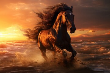 Sunset time sand running horse with flowing mane