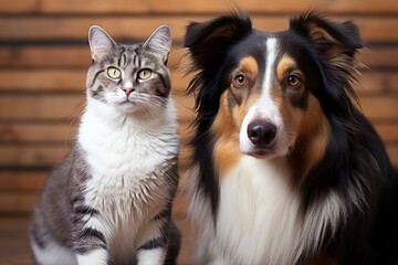 Tabby cat and border collie sheepdog posing in front of a white background