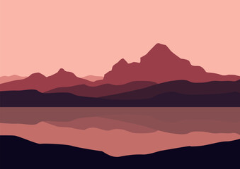 Landscape with lake and mountains. Vector illustration in flat style.