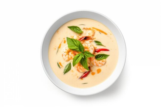 Thai Prawn Soup Isolated On White Background In A Flat Top View