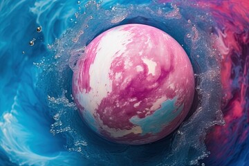 Top view of a bath bomb dissolving in water colors blending - obrazy, fototapety, plakaty