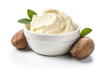 Top view of a bowl with isolated shea butter on a white background