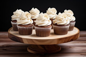 Buttercream cupcakes on wooden stand
