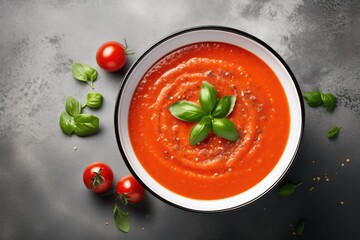 Top view of a homemade tomato soup bowl on a grey background