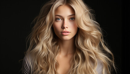 Naklejka premium Beautiful woman with long blond hair looking at camera generated by AI