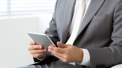 A Close-up of an Asian businesswoman using a mobile phone while working on a laptop computer, white isolated background.