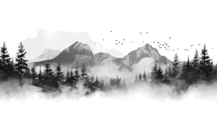 A Black and white mountain range, landscape, tree symbols, stencil vector illustration. - obrazy, fototapety, plakaty