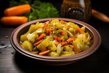 Top view of Turkish braised leeks and carrots in olive oil known as Zeytinyagli Pirasa in Turkish cuisine - obrazy, fototapety, plakaty