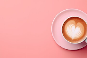 Cappuccino coffee cup on pink background Foam espresso Top view - obrazy, fototapety, plakaty