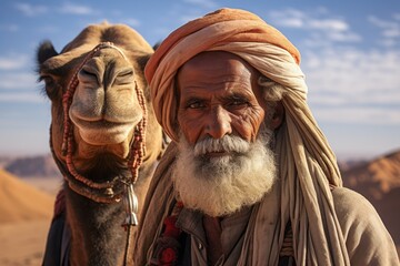 Turbaned man with covered face and camel in Sahara desert