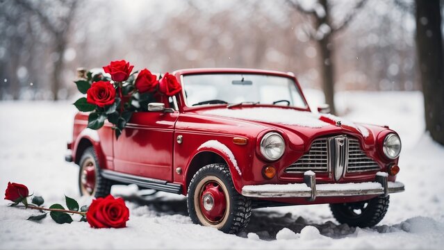 Vintage Red Car Adorned with Red Roses in a Snowy Park