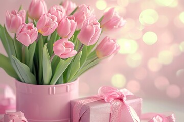 Tulips and Gift with Pink Bow.
Pink tulips in a pot with a present tied with a pink bow, glittering backdrop.