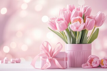 Pink Tulips with Gift on Festive Background.
A bunch of pink tulips beside a gift on a festive bokeh background.