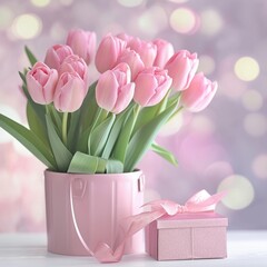 Elegant Tulips with Pink Gift Box.
Elegantly arranged tulips with a pink gift box on a shimmering light background.