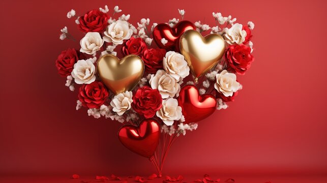 Golden Love Affair: Heart-Shaped Balloons with Flying Roses and Ranunculus on Red Background