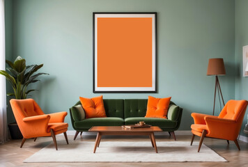 green sofa against orange pillow on soft green wall with a big poster frame mockup. Mid-century, vintage, retro style home interior design of modern living room.