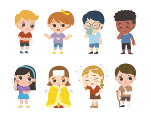 Set of Children get sick. Child has a fever, high temperature. stomach ache , Toothache, Broken limbs.