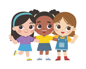 Group of smiling Kids standing and hug together.