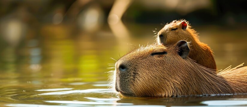 Baby capybara relaxing with mother at sunset on body of water.